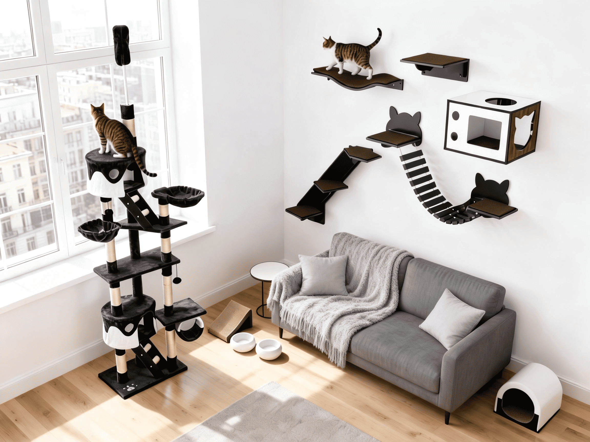 Vertical cat tree and wall-mounted paths expanding living space