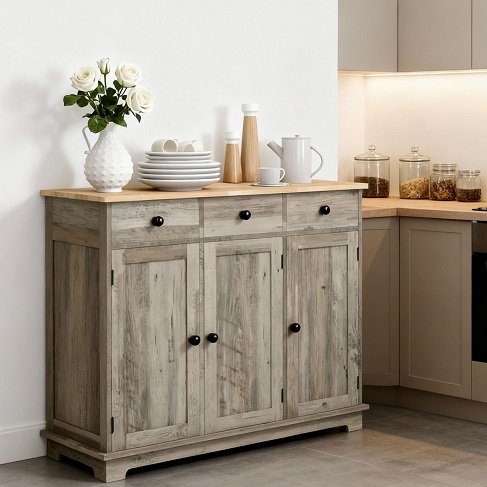 Sideboard storage for bulk groceries in a calm family kitchen